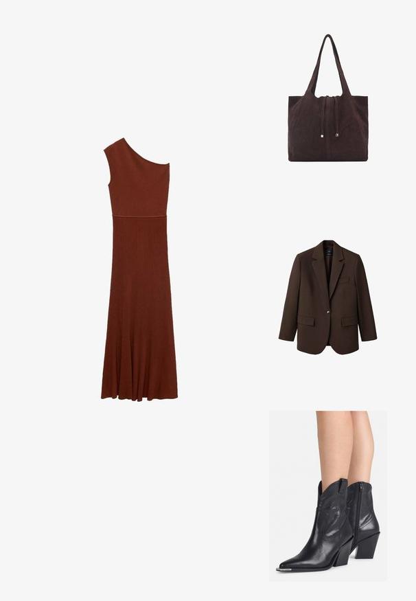 Sacou maro cu rever în formă de V, închidere cu un singur nasture, două buzunare frontale și un buzunar pe piept. Fabricat dintr-un material neted, având un design ajustat.; Rochie asimetrică maro cu nervuri, cu un singur umăr; corset ajustat care se lărgește într-o fustă amplă. Textură netedă pe tot parcursul.; Botine negre din piele, cu vârful ascuțit, partea superioară curbată și fermoar pe lateral. Au toc gros și detalii de cusătură subtile.; Mango Geantă de pânză - dark brown