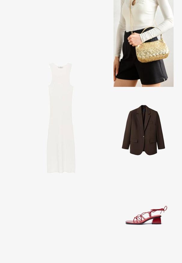 Hnedý blejzer s klopou, jedným gombíkom, dvomi prednými vreckami a vreckom na hrudi. Vyrobený z hladkej látky s prešívaným dizajnom.; Biela, bezrukávová, rebrovaná pletená šaty s obopínajúcou siluetou, dosahujúce pod kolená. Jednoduchý a minimalistický dizajn, bez vzorov alebo kovových doplnkov.; Červené sandále na podpätku vyrobené z lesklých materiálov. Majú štvorcovú špičku, zložitý dizajn remienkov a robustný blokový podpätok.; Zlatá sequinová kabelka s obdĺžnikovým tvarom, vybavená krátkym rúčkom a dlhým reťazovým popruhom. Povrch je lesklý a reflexný.