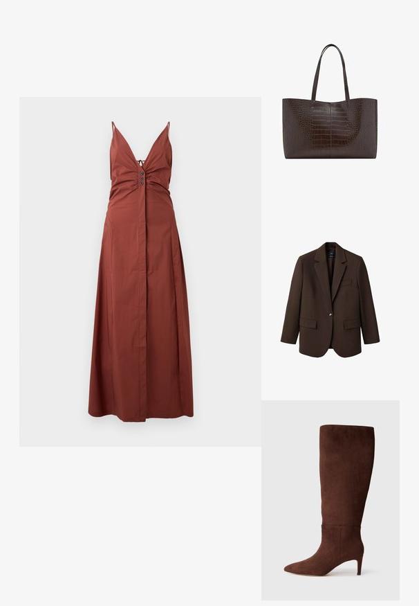 Brun blazer med klapkrave, enkelt knaplukning, to frontlommer og en brystlomme. Fremstillet i glat stof med en skræddersyet design.; Rustfarvet maxikjole med dyb V-udskæring, justerbare spaghetti-stropper, en rucheret overdel og knapdetaljer foran. Glat stof.; Brune ruskinds knæhøje støvler med spids tå og stilettohæl. Glat tekstur og minimalistisk design. Ingen synlige hardware eller detaljer.; Brun tote bag med krokodillemønster, to robuste stropper, rektangulær form og glat, blank finish; har en central syning som detalje.