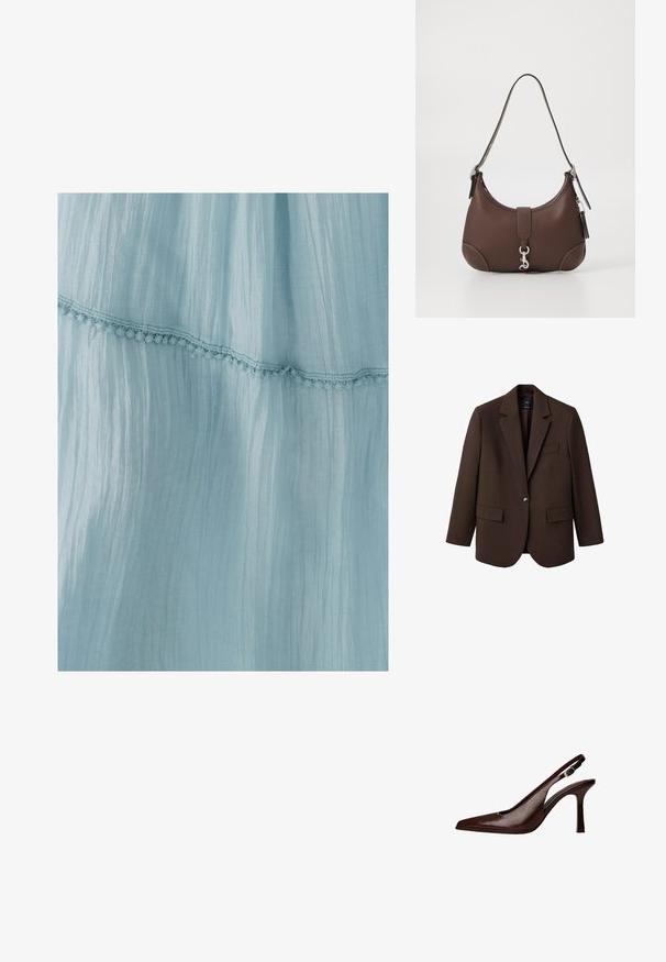 Bruine blazer met een opstaande revers, enkele knoopsluiting, twee zijzakken en een borstzak. Gemaakt van gladde stof, met een getailleerd ontwerp.; Lichtblauwe jurk van gekreukt stof, met een decoratieve kantafwerking langs de zoom. De textuur is zacht en luchtig.; Bruine lederen slingbackpomp met een spitse neus en een dunne hak. Voorzien van een kleine accentgesp op de band en een glossy afwerking.; Bruine leren handtas met een ronde vorm, zilveren hardware en decoratieve stiksels. Beschikt over een schouderband en een klittenbandsluiting.