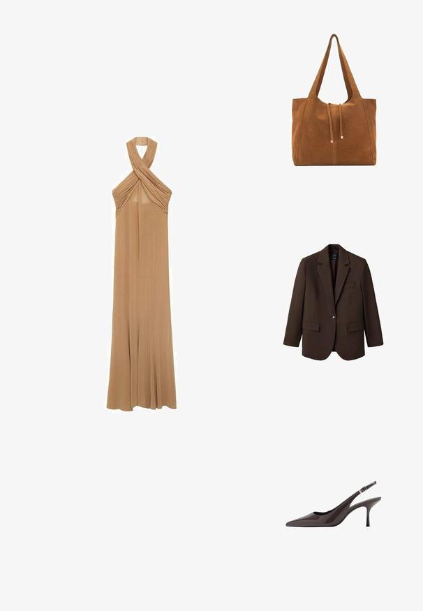 Brun kavaj med slag, enknapplåsning, två framfickor och en bröstficka. Tillverkad av ett slätt tyg och har en skräddarsydd design.; Halter neck klänning i mjuk beige tyg, med veckade detaljer vid halsringningen och en flödande, golvlång design.; Spetsig tå slingback-klackar i mörkbrunt lackskinn, med en smal hög klack och en justerbar vristrem med spänne.; Brun mockaläders toteväska med två långa remmar, dragsko-stängning och minimalistisk design. Slät textur och inga synliga metallaccenter.