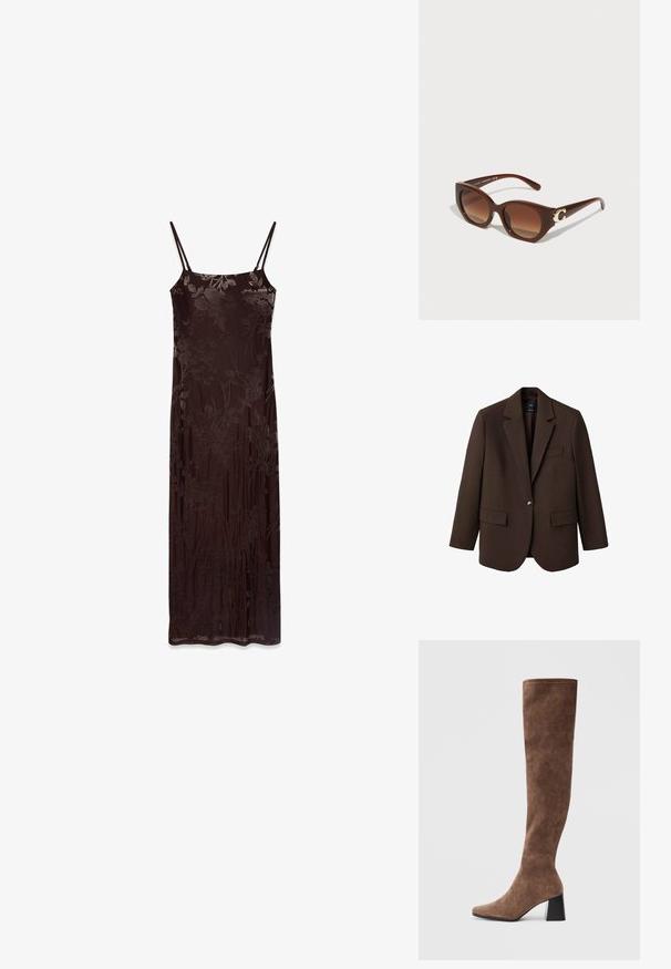 Hnedý blejzer s klopou, jedným gombíkom, dvomi prednými vreckami a vreckom na hrudi. Vyrobený z hladkej látky s prešívaným dizajnom.; Dlhé šaty bez rukávov z tmavohnedého materiálu s kvetinovým vzorom. Majú tenké ramienka a priliehavý strih, hladkú textúru a splývavý dizajn.; Hnedé nadkolenné bootky vyrobené z mäkkého semišu, s špicatou špičkou a masívnym čiernym podpätkom. Dizajn obsahuje bezšvové šitie pre elegantný vzhľad.; Hnedé plastové slnečné okuliare s tvarom mačacích očí, gradientné hnedé sklá a detail loga v zlatej farbe na bočnici. Hladký povrch.; Hnedá tkaná kabelka v tvare vedra so štruktúrovaným tvarom, hladkými koženými detailmi, vrchným rukoväťou a odnímateľným ramenným popruhom. Zlaté kovové doplnky.