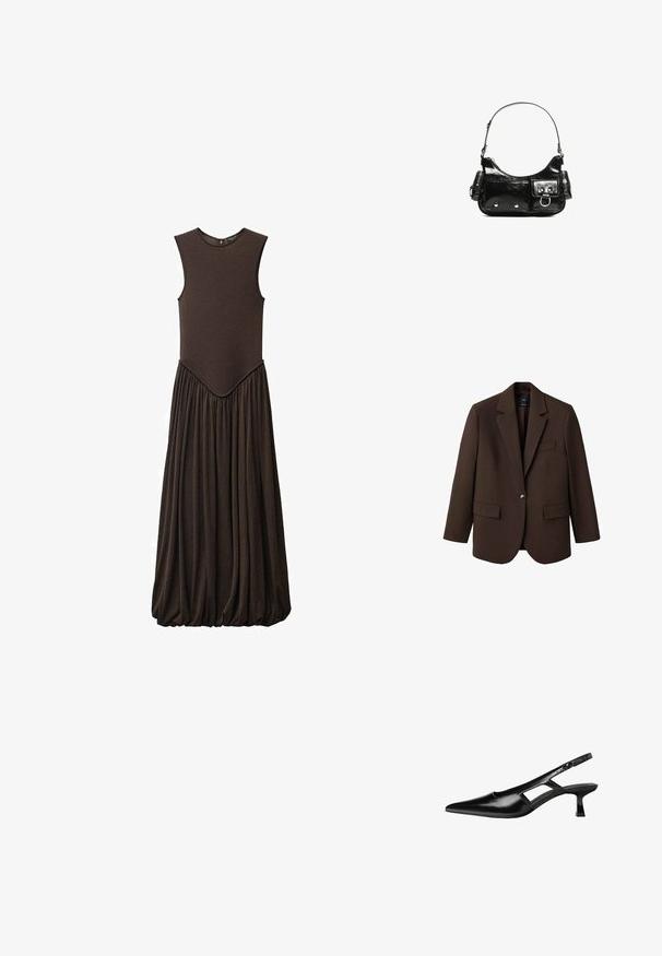 Brun blazer med klapkrave, enkelt knaplukning, to frontlommer og en brystlomme. Fremstillet i glat stof med en skræddersyet design.; Udenærmet brun kjole med tætsiddende top og voluminøs, samlet nederdel. Lavet af blødt stof med en glat tekstur og rund udskæring.; Sorte patentlæder slingback hæle med spids tå, udskåret sideskærm og en lille firkantet hæl. Glat tekstur med minimale detaljer.; Sort patenteret læder håndtaske med en buet form, en skulderrem, frontlommer og hardware accenter i sølvfarve.