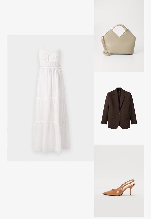 Hnedý blejzer s klopou, jedným gombíkom, dvomi prednými vreckami a vreckom na hrudi. Vyrobený z hladkej látky s prešívaným dizajnom.; Biela maxi šaty s nastaviteľnými ramienkami, zhrnutým korzetom a podhodenou sukňou, vyrobené z ľahkej látky s čipkovým detailom v oblasti pásu.; Sandal s úzkym podpätkom a špicatou špičkou v hladkej lesklej hnedej materiáli. Obsahuje zakrivený výrez a štíhly ihlový podpätok. Strieborný prackový detail.; Béžová štruktúrovaná kabelka s vrcholom v tvare V, vyrobená z hladkej kože, s krátkymi rúčkami a dlhým nastaviteľným popruhom. Minimalistický dizajn.
