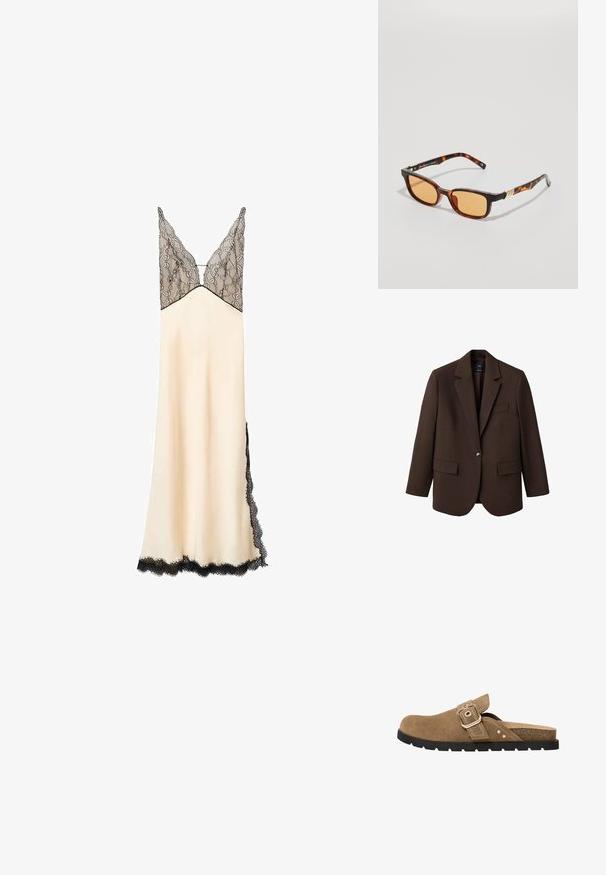 Brown blazer with a notched lapel, single button closure, two front pockets, and a chest pocket. Made from smooth fabric, featuring a tailored design.; Satin nightdress in cream with a black lace bodice and trim. V-neckline and adjustable straps. Floor-length with side lace detailing.; Brown suede slide sandal with a rounded toe, adjustable buckle strap, and textured insole. Features a black rubber sole with ridges.; Tortoiseshell sunglasses with rectangular frames, orange lenses, and gold-accented hinges. Lightweight plastic material.; Brown suede tote bag with two long straps, drawstring closure, and minimalistic design. Smooth texture and no visible hardware accents.