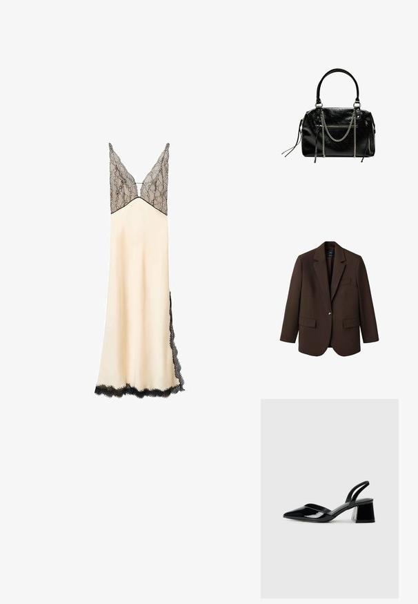 Hnedý blejzer s klopou, jedným gombíkom, dvomi prednými vreckami a vreckom na hrudi. Vyrobený z hladkej látky s prešívaným dizajnom.; Satinová nočná košieľka v béžovej farbe s čiernym krajkovým korzetom a lemovaním. Výstrih do V a nastaviteľné ramienka. Dlhá po zem s krajkovými detailmi po stranách.; Čierne lakované kožené sandálové podpätky s špicatou špičkou a geometrickým blokovým podpätkom. Disponujú elegantným, minimalistickým dizajnom a hladkým povrchom.; Bershka WITH CHAIN - Kabelka - black