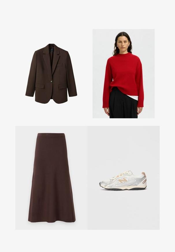 Bruine blazer met een opstaande revers, enkele knoopsluiting, twee zijzakken en een borstzak. Gemaakt van gladde stof, met een getailleerd ontwerp.; Rode gebreide trui met een hoge halslijn, verlaagde schouders en geribbelde boorden. Gepaard met een wit topje en zwarte broeken.; Twee aansluitende longsleeve bodysuits met ronde hals, één beige en één bruin, overlappend weergegeven op een witte achtergrond.; Bruine A-lijn rok van gladde stof, met een aansluitende taille en een uitlopende zoom, zonder zichtbare patronen of versieringen.; Sportsneaker in lichtgrijs met zilveren accenten, bovenwerk van mesh, beige details en zwarte rubberen buitenzool. Voorzien van veters en een gevoerd colletje.