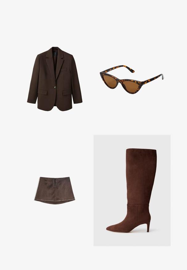 Brun kavaj med slag, enknapplåsning, två framfickor och en bröstficka. Tillverkad av ett slätt tyg och har en skräddarsydd design.; Svart långärmad stickad tröja med ribbade ärmslut och nederkant, rundad halsringning och en liten vit varumärkesetikett inuti kragen.; Brun konstläder mini kjol med en frammonsdetalj i snörning och silvernitar längs fållen. Slät struktur, A-linjeform och kort längd.; Bruna mocka knähöga stövlar med spetsig tå och stilettklack. Slät textur och minimalistisk design. Ingen synlig hårdvara eller dekorationer.; Kattögon-solglasögon med en ram i svart och orange sköldpaddsmönster, bruna linser och smala, spetsiga tips. Har en minimalistisk logotyp på bågen.; Brun krokodil-texturerad tote-väska med två robusta remmar, rektangulär form och slät glansig finish; har en central sömdetalj.