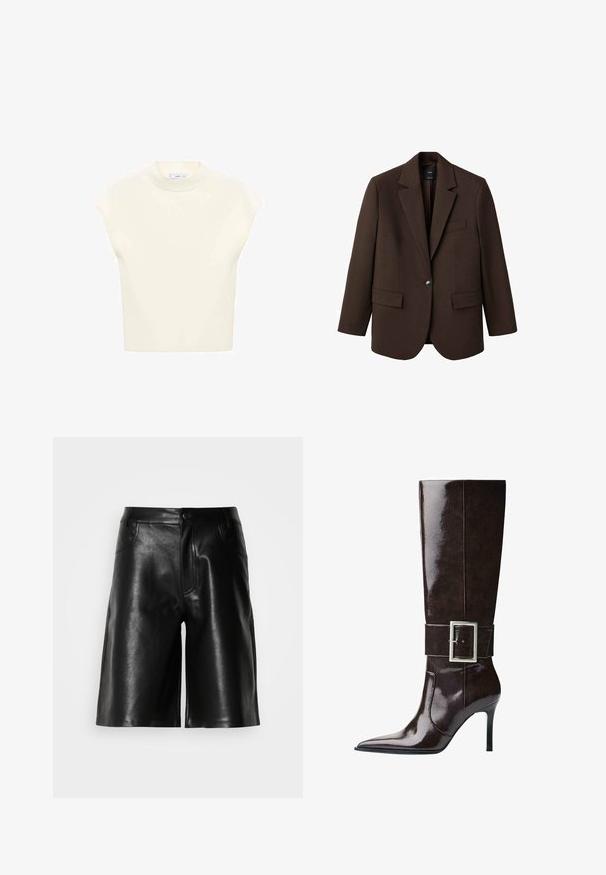 Brun blazer med klapkrave, enkelt knaplukning, to frontlommer og en brystlomme. Fremstillet i glat stof med en skræddersyet design.; Grå cropped sweater lavet af blødt, fuzzy materiale. Har lange ærmer og en rund halsudskæring med en glat, let tekstur.; Kortærmet, lys creme top med rund hals, lavet af blødt stof. Den har en afslappet pasform og glat tekstur, der er velegnet til lag-på-lag.; Sorte lædershorts med en glat tekstur, der har forlommer, lynlås og en skræddersyet pasform.; Mørkebrune knæhøje læderstøvler med spids tå, stiletto-hæl og bred rem med stort rektangulært sølvspænde.