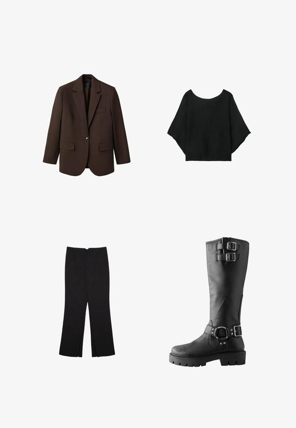 Brun kavaj med slag, enknapplåsning, två framfickor och en bröstficka. Tillverkad av ett slätt tyg och har en skräddarsydd design.; Svart stickad topp med vida ärmar, rundad halsringning och avslappnad passform. Tyget har en ribbad textur, utan knappar eller mönster.; Svarta byxor med rak passform, utrustade med framfickor och sidoklyvningar vid fållen. Tillverkade av mjukt, slätt tyg. Lämpliga för olika tillfällen.; Svart läderknähög stövel med två dekorativa spännen, ett justerbart rem och en kraftig sula med djupa mönster för bättre grepp.