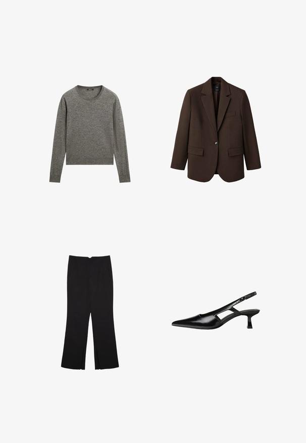 Hnědý blejzr s klopami, jednobotonovým zapínáním, dvěma předními kapsami a kapsou na prsou. Vyroben z hladké tkaniny s přesně střiženým designem.; Šedý svetr s dlouhým rukávem vyrobený z měkké tkaniny, má kulatý výstřih a vroubkované okraje, s mírně zkráceným střihem.; Černé kalhoty s rovným střihem, s předními kapsami a bočními rozparky na lemu. Vyrobené z jemné, hladké tkaniny. Vhodné na různé příležitosti.; Černé lakované lodičky na podpatku se špičatou špičkou, výřezovým designem na boku a malým čtvercovým podpatkem. Hladká textura s minimálními akcenty.