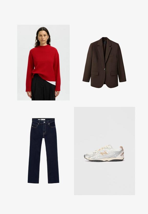 Blazer marrone con rever a punta, chiusura con un bottone, due tasche frontali e una tasca sul petto. Realizzato in tessuto morbido, con un design su misura.; Maglione rosso a maglia con un collo alto, spalle cadenti e polsini a costine. Indossato sopra una maglietta bianca, abbinato a pantaloni neri.; Due bodysuit aderenti a maniche lunghe con collo rotondo, uno beige e uno marrone, esposti sovrapposti su uno sfondo bianco.; Jeans in denim blu scuro con design a gamba dritta, caratterizzati da cuciture arancioni, cinque tasche e chiusura con bottone metallico in vita.; Sneaker da sport in grigio chiaro con accenti argentati, tomaia in rete, dettagli beige e suola in gomma nera. Presenta lacci e colletto imbottito.