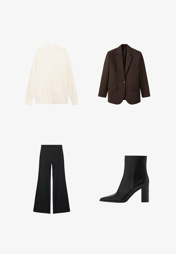 Blazer marrone con rever a punta, chiusura con un bottone, due tasche frontali e una tasca sul petto. Realizzato in tessuto morbido, con un design su misura.; Maglione a collo alto in crema, con maniche lunghe e vestibilità rilassata, dalla texture morbida e design minimalista. Presenta un collo alto e polsini a costine.; Pantaloni neri a gamba larga con una texture liscia, caratterizzati da pieghe frontali e un design sartoriale. Il tessuto è leggero e fluido.; Stivale alla caviglia in pelle nera con punta affilata, tacco quadrato, texture liscia e dettagli di cucitura lungo le cuciture. I tacchi misurano circa 3,5 pollici.