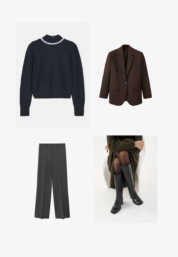 Blazer marrone con rever a punta, chiusura con un bottone, due tasche frontali e una tasca sul petto. Realizzato in tessuto morbido, con un design su misura.; Maglione a coste di un blu scuro con maniche lunghe e collo alto, decorato con un dettaglio di collana floreale in perle bianche al colletto.; Pantaloni a gamba larga grigi con una superficie liscia, fronte plissettato e passanti per cintura. Realizzati in un tessuto leggero e tessuto.; Stivali neri in pelle alti fino al ginocchio con punta squadrata e tacco a blocco, mostrati con un modello seduto in un cappotto verde oliva. Texture liscia, dettagli minimi.