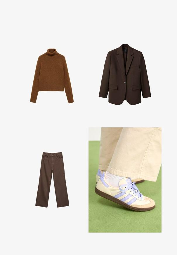 Bruine blazer met een opstaande revers, enkele knoopsluiting, twee zijzakken en een borstzak. Gemaakt van gladde stof, met een getailleerd ontwerp.; Bruine coltrui in een zachte brei, met een ribgebreide kraag en lange mouwen, met een cropped ontwerp en een gladde textuur.; Brede bruine spijkerbroek van denim, met een hoge taille, voorzakken en een klassieke knoopsluiting. Soepele textuur met subtiele stiksels.; Crème- en lavendel-sneakers met drie strepen en een gestructureerde bruine zool, voorzien van veters en een gewatteerde hiel. Zachte stoffen bovenkant.