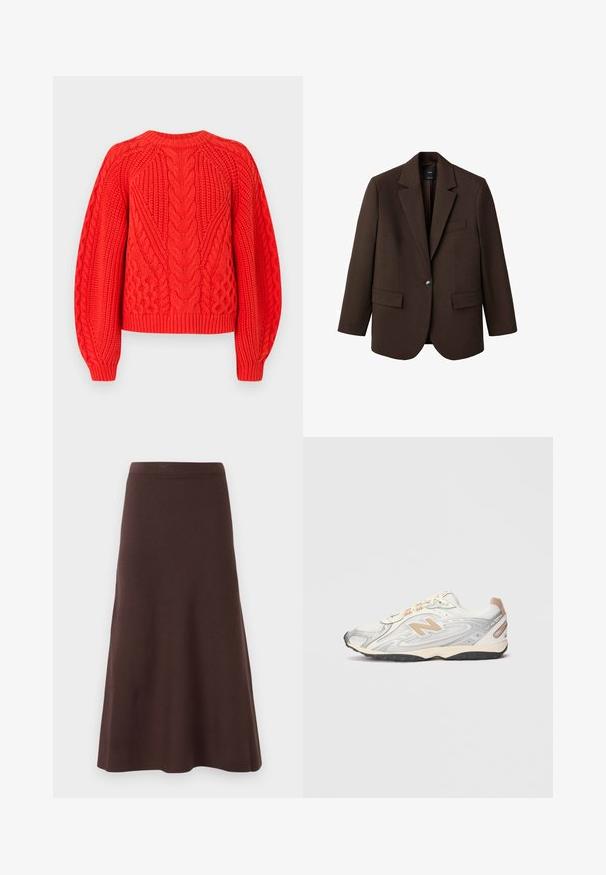 Sacou maro cu rever în formă de V, închidere cu un singur nasture, două buzunare frontale și un buzunar pe piept. Fabricat dintr-un material neted, având un design ajustat.; Pulover roșu din tricot cu model texturat, guler rotund și tiv ribbat. Conținută cu mâneci lungi, ușor bufante.; Două bodysuit-uri lungi, ajustate, cu gât rotund, unul bej și unul maro, expuse suprapus pe un fundal alb.; Fustă A-line de culoare maronie, realizată dintr-un material neted, cu talie ajustată și margine evazată, fără modele sau embellisemnte vizibile.; Tenis sportiv în gri deschis cu accente argintii, superior din plasă, detalii bej și talpă din cauciuc negru. Dispune de șireturi și guler căptușit.