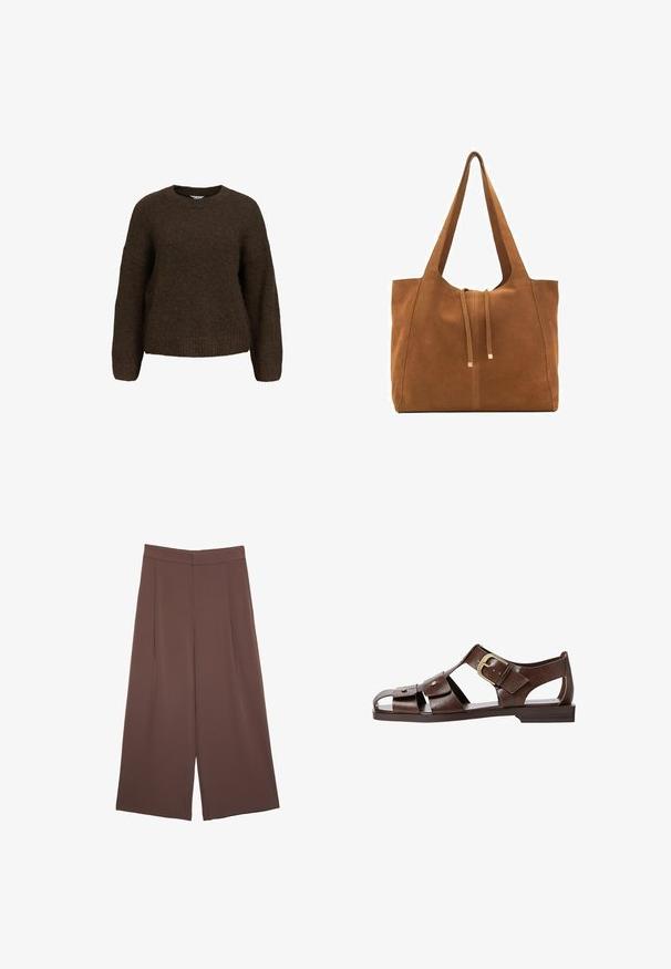 Brown blazer with a notched lapel, single button closure, two front pockets, and a chest pocket. Made from smooth fabric, featuring a tailored design.; Brown, knitted sweater with long sleeves, a crew neck, and a relaxed fit. Features a soft texture and ribbed cuffs and hem.; Brown wide-leg trousers with a smooth texture, featuring a high waist and front pleats. The fabric is lightweight and flows loosely.; Brown leather sandal featuring a cutout design, adjustable side buckle, and flat sole, with metal accents and an open toe.; Brown suede tote bag with two long straps, drawstring closure, and minimalistic design. Smooth texture and no visible hardware accents.
