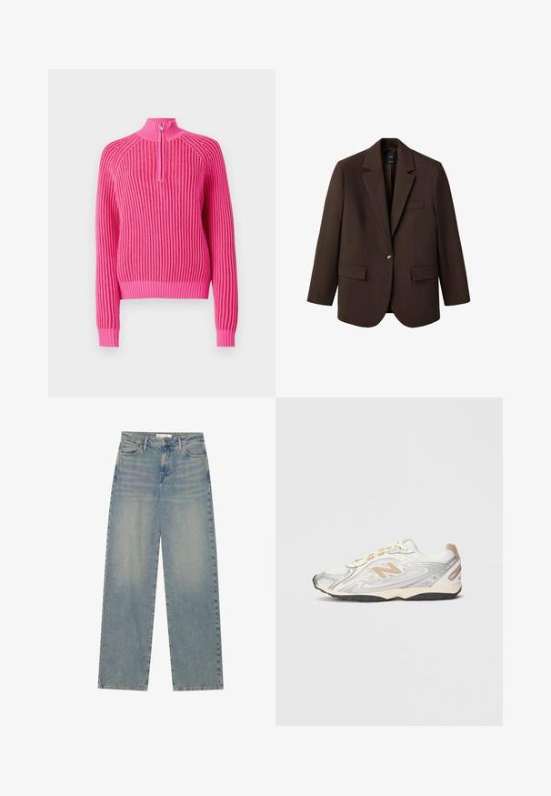 Brown blazer with a notched lapel, single button closure, two front pockets, and a chest pocket. Made from smooth fabric, featuring a tailored design.; Pink ribbed sweater with a high collar and half-zip closure. Features long sleeves and a contrasting textured knit pattern.; Two long-sleeve fitted bodysuits with round necks, one beige and one brown, displayed overlapping on a white background.; Light blue high-waist straight-leg denim jeans with front pockets, belt loops, and visible button and zipper closure.; Sport sneaker in light gray with silver accents, mesh upper, beige details, and black rubber outsole. Features laces and a padded collar.