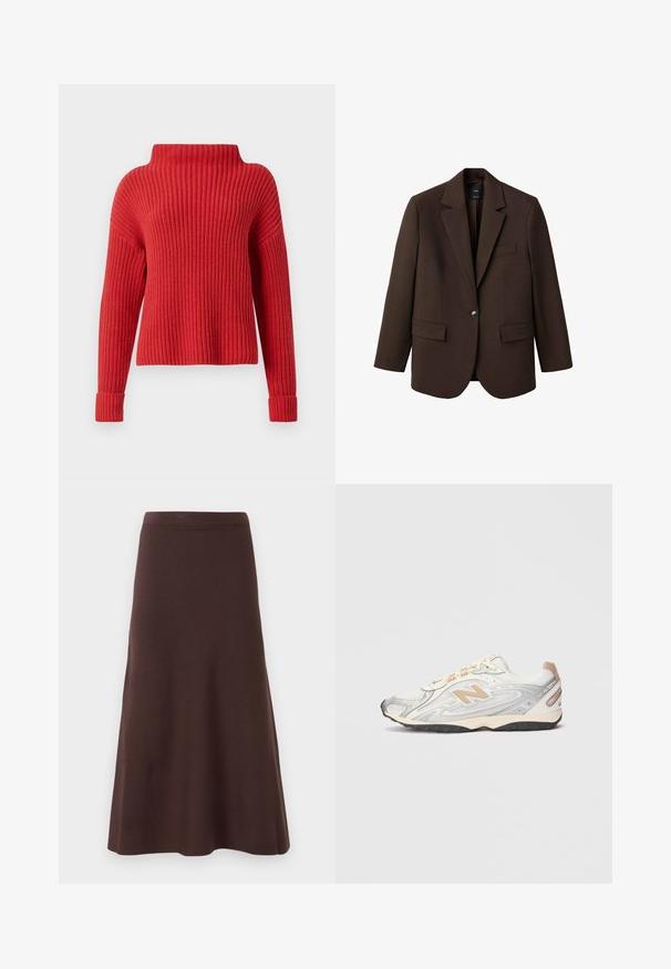 Blazer marrón con solapa muesca, cierre de un botón, dos bolsillos frontales y un bolsillo en el pecho. Hecho de una tela suave, con un diseño entallado.; Suéter de punto rojo con cuello alto, textura acanalada, mangas largas y puños ajustados. Diseño casual y rectangular, adecuado para superponer.; Dos bodies ajustados de manga larga con cuellos redondos, uno beige y uno marrón, exhibidos superpuestos sobre un fondo blanco.; Falda marrón en corte A, fabricada con un tejido suave, que presenta una cintura ajustada y dobladillo acampanado, sin patrones visibles ni adornos.; Zapatilla deportiva en gris claro con detalles plateados, parte superior de malla, detalles en beige y suela de goma negra. Cuenta con cordones y un collar acolchado.