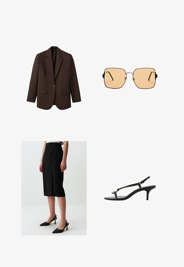 Bruine blazer met een opstaande revers, enkele knoopsluiting, twee zijzakken en een borstzak. Gemaakt van gladde stof, met een getailleerd ontwerp.; Zwarte lange mouwen shirt van gladde stof, met een klassieke kraag, een sluiting met knopen aan de voorkant met gouden knopen en brede manchetten.; Zwarte knie-lange rok met een wikkelontwerp, gemaakt van gestructureerde stof, met een zijstrik. Gepaard met zwarte puntige hakken.; Zwarte leren kitten heel sandaal met dunne banden, gouden gesp en minimalistische teenlus op een witte achtergrond.; Vierkante zonnebril met bruine lenzen en een dun zwart metalen frame. Beschikt over schuine pootjes en verstelbare neuspads voor comfort.