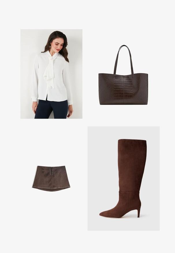 Sacou maro cu rever în formă de V, închidere cu un singur nasture, două buzunare frontale și un buzunar pe piept. Fabricat dintr-un material neted, având un design ajustat.; Bluză albă cu guler tip cravată, mâneci lungi și închidere cu nasturi. Are un accent de perle aproape de guler și o textură netedă.; Fustă mini din suede artificial maro, cu detaliu de șnur în față și studs argintii de-a lungul tivului. Textură netedă, formă în A și lungime scurtă.; Cizme înalte din suede maro, cu vârf ascuțit și toc stiletto. Textură netedă și design minimalist. Fără feronerie sau accente vizibile.; Geantă tote cu textură de crocodil maro, cu două bretele solide, formă rectangulară și finisaj lucios neted; are un detaliu central cu cusătură.