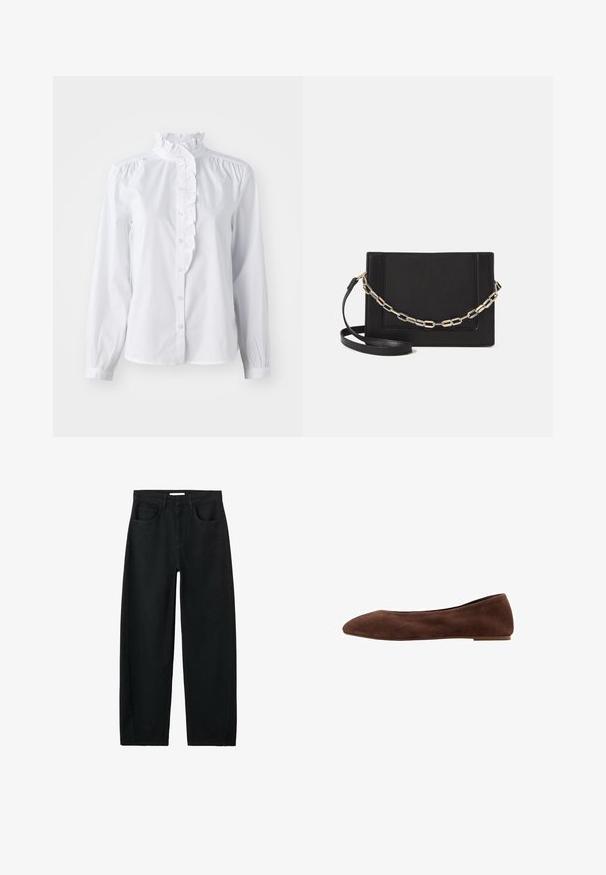 Brown blazer with a notched lapel, single button closure, two front pockets, and a chest pocket. Made from smooth fabric, featuring a tailored design.; White button-up shirt with long sleeves, frilled high collar, and vertical ruffle accent down the front. Lightweight cotton fabric.; Black high-waist straight-leg jeans with front pockets, belt loops, and visible stitching on a white background.; Brown suede ballet flats with a pointed toe, flat sole, and smooth texture. Sleek design with no visible hardware or accents.; Black leather crossbody bag featuring a smooth texture, rectangular shape, and a metallic chain detail on the front. Adjustable strap included.