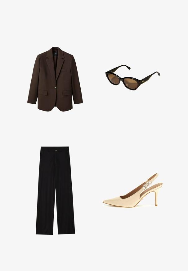 Brown blazer with a notched lapel, single button closure, two front pockets, and a chest pocket. Made from smooth fabric, featuring a tailored design.; Brown bodysuit with adjustable spaghetti straps and a lace trim on a deep V-neckline. Smooth texture, fitted design, and high-cut legs.; Wide-leg black trousers made of a smooth fabric, featuring front pockets and a button closure at the waist. Minimalist design with no patterns.; Beige patent leather slingback pump with pointed toe, adjustable strap, and metallic accent detail on the heel. Thin high heel.; Black cat-eye sunglasses with brown lenses. Textured gold hardware on arms. Smooth plastic frame with a glossy finish.; Gold woven handbag with two braided straps, textured surface, drawstring closure, and a triangular logo accent on the front.