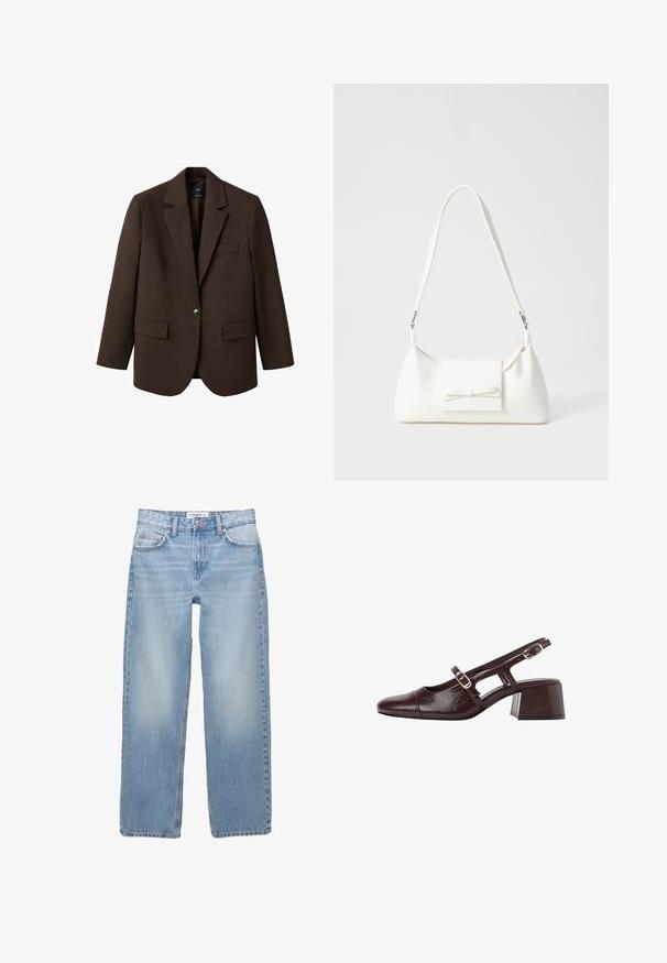 Hnědý blejzr s klopami, jednobotonovým zapínáním, dvěma předními kapsami a kapsou na prsou. Vyroben z hladké tkaniny s přesně střiženým designem.; Dlouhý rukáv top v tlumené rezavé barvě, s příjemným ribovaným vzorem, s vysokým stojáčkem a výrazným střihem na rameni.; Světle modré denimové džíny se střihnutím rovného nohavice, v pěti kapsách a viditelnými švy. Materiál je měkký a má jemně vybledlý vzhled.; Hnědé kožené slingback podpatky se čtveratou špičkou, výřezovými stranami a blokovým podpatkem. Obsahuje přezku na kotníkovém pásku.; Bílá syntetická kabelka v trojúhelníkovém tvaru, s plochým předním klopným víkem a detailem mašle, nastavitelným popruhem, hladkým povrchem a minimalistickým designem.