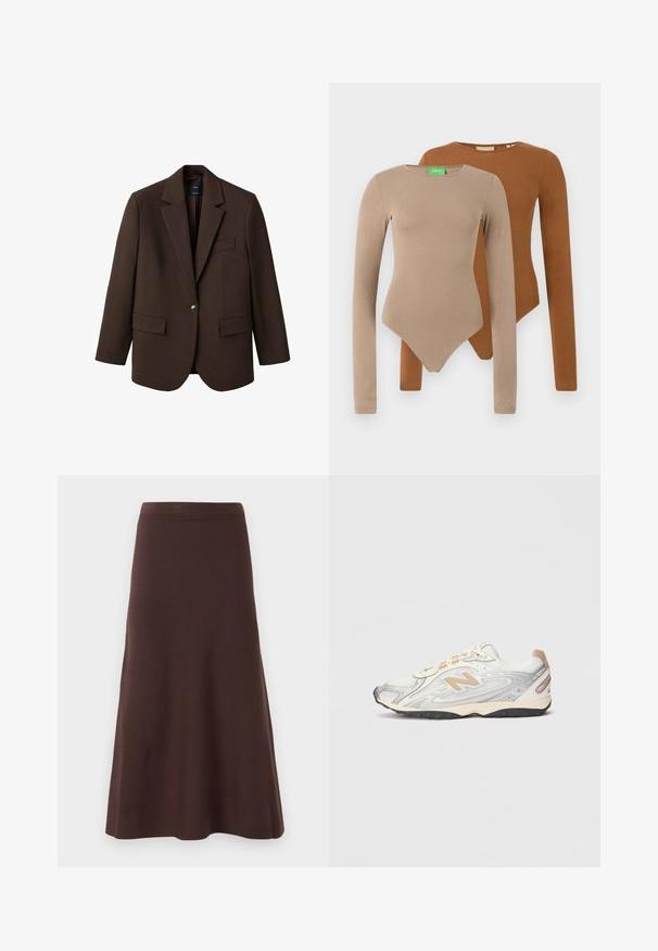 Blazer marrone con rever a punta, chiusura con un bottone, due tasche frontali e una tasca sul petto. Realizzato in tessuto morbido, con un design su misura.; Due bodysuit aderenti a maniche lunghe con collo rotondo, uno beige e uno marrone, esposti sovrapposti su uno sfondo bianco.; Gonna A-line marrone realizzata in tessuto morbido, con vita aderente e orlo svasato, senza motivi o decorazioni visibili.; Sneaker da sport in grigio chiaro con accenti argentati, tomaia in rete, dettagli beige e suola in gomma nera. Presenta lacci e colletto imbottito.