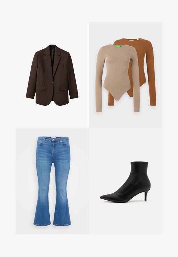 Blazer marrone con rever a punta, chiusura con un bottone, due tasche frontali e una tasca sul petto. Realizzato in tessuto morbido, con un design su misura.; Due bodysuit aderenti a maniche lunghe con collo rotondo, uno beige e uno marrone, esposti sovrapposti su uno sfondo bianco.; Jeans a palazzo in denim azzurro chiaro, caratterizzati da vita alta, cinque tasche e chiusura con bottone classico. Tessuto liscio con leggera sfumatura.; Stivaletti neri in pelle liscia con punta affusolata e tacco corto e sottile. Presentano un design senza cuciture e sottili dettagli di cucitura.