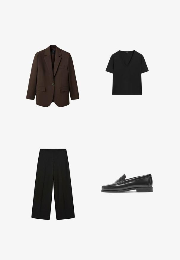 Blazer marron avec un revers, fermeture à un bouton, deux poches à l'avant et une poche poitrine. Fabriqué en tissu lisse, avec un design ajusté.; T-shirt noir à manches courtes en V, au design simple et ajusté, sur fond blanc.; Pantalons larges noirs en tissu doux, avec une taille haute et des plis, ayant une texture lisse et sans embellissements visibles.; Mocassins en cuir noir avec une finition lisse, un petit talon et une bande décorative. Présente un bout cousu et un design minimaliste.