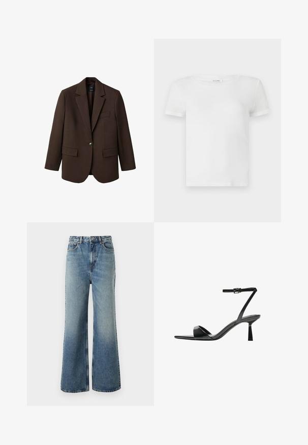 Sacou maro cu rever în formă de V, închidere cu un singur nasture, două buzunare frontale și un buzunar pe piept. Fabricat dintr-un material neted, având un design ajustat.; Tricou alb din bumbac, cu guler rotund și mâneci scurte. Materialul pare neted, cu o textură ușoară și fără modele vizibile.; Jeans din denim albastru deschis, cu talie înaltă, croială largă, ușoară decolorare și cusături contrastante; au buzunare frontale și închidere cu nasture.; Bershka Sandale cu toc - black