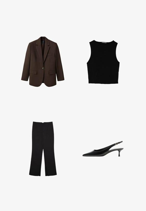 Ruskea bleiseri, jossa on viistetty kaulus, yksittäinen napin suljenta, kaksi etutaskua ja rintatasku. Valmistettu sileästä kankaasta, joka sisältää muotoiltua suunnittelua.; Musta hihaton crop-top, joka on valmistettu sileästä kankaasta, jossa on pyöreä kaula-aukko ja siisti, yksinkertainen muotoilu ilman kuvioita tai varusteita.; Mustat housut suoralinjaisella leikkauksella, joissa on etutaskut ja sivurei'ät helman alla. Valmistettu pehmeästä ja sileästä kankaasta. Sopii eri tilaisuuksiin.; Musta lakattu slingback-kengät, joissa on teräväkärkinen muoto, hoikka korko ja solkiyksityiskohta nauhassa. Sileä pinta ja tyylikäs muotoilu.