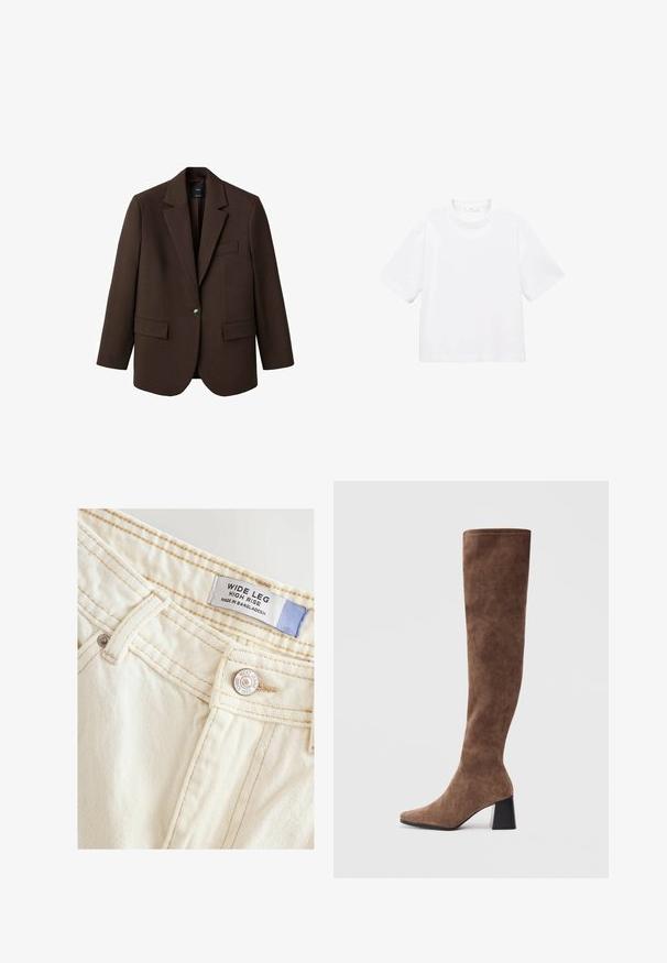 Brauner Blazer mit Reverskragen, einem einreihigen Knopfverschluss, zwei vorderen Taschen und einer Brusttasche. Hergestellt aus glattem Stoff, mit taillierter Passform.; Weißes Baumwoll-T-Shirt mit kurzen Ärmeln und rundem Ausschnitt. Einfaches Design, lockere Passform, glatte Textur. Keine Muster oder Verzierungen sichtbar.; Weite, hoch taillierte Jeans aus weichem, cremefarbenem Stoff. Verfügt über gestickte Nähte und einen Metallknopf mit Markenlogo und Etikett.; Braune Overknee-Stiefel aus weichem Wildleder mit spitzer Zehenform und einem massiven schwarzen Absatz. Das Design verfügt über nahtlose Nähte für einen eleganten Look.