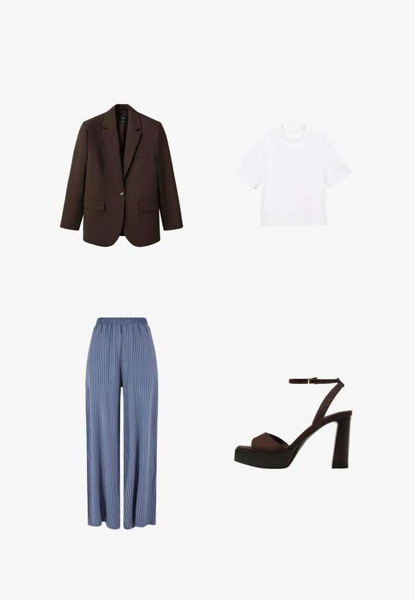 Hnedý blejzer s klopou, jedným gombíkom, dvomi prednými vreckami a vreckom na hrudi. Vyrobený z hladkej látky s prešívaným dizajnom.; Biely bavlnený tričko s krátkym rukávom a okrúhlym výstrihom. Jednoduchý dizajn, voľný strih, hladká textúra. Žiadne vzory ani akcenty nie sú viditeľné.; Modré široké nohavice s bielymi vertikálnymi pruhmi a elastickým pásom, vystavené na bielom pozadí.; Hnedé semišové sandále na vysokom podpätku s otvorenou špičkou, nastaviteľným členkovým remienkom a pruhovanou platformovou podrážkou.