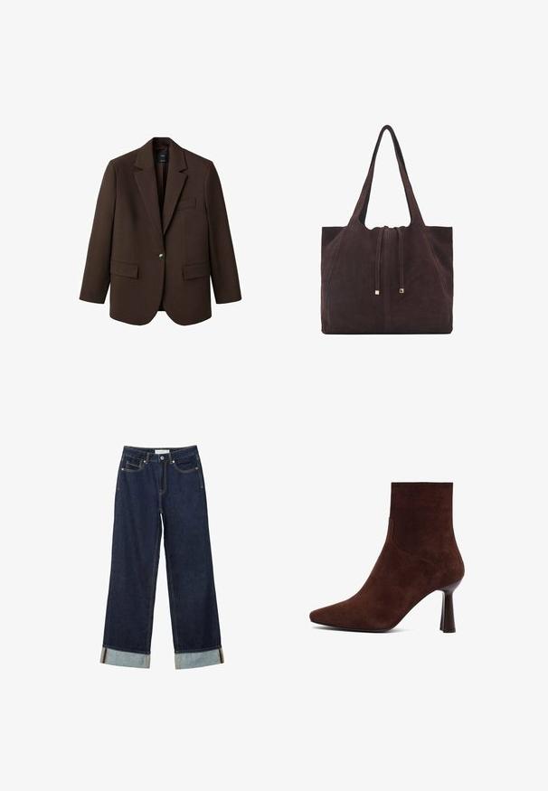 Blazer marrone con rever a punta, chiusura con un bottone, due tasche frontali e una tasca sul petto. Realizzato in tessuto morbido, con un design su misura.; T-shirt corto marrone a maniche corte realizzato in cotone morbido. Presenta un colletto rotondo e una vestibilità ampia, con una texture liscia e senza motivi visibili.; Jeans ampi di colore blu scuro con vita alta, dotati di risvolti, cuciture a contrasto e design a cinque tasche. Realizzati in tessuto denim.; Stivale alla caviglia in suede marrone con punta affusolata, design aderente e tacco alto e sottile, caratterizzato da linee pulite e texture liscia.; Mango Shopping bag - dark brown