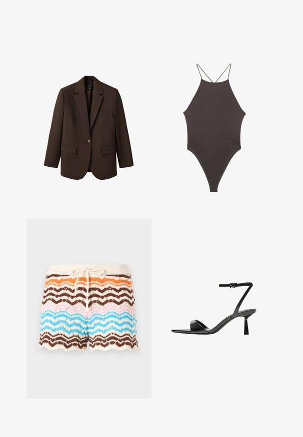Brown blazer with a notched lapel, single button closure, two front pockets, and a chest pocket. Made from smooth fabric, featuring a tailored design.; Brown, high-neck one-piece swimsuit with thin, adjustable straps; features a high-cut leg and smooth texture. No patterns or embellishments.; Knit shorts featuring a wave pattern in shades of orange, brown, pink, and blue, with a cream waistband and a drawstring. Scalloped hem.; Bershka High heeled sandals - black