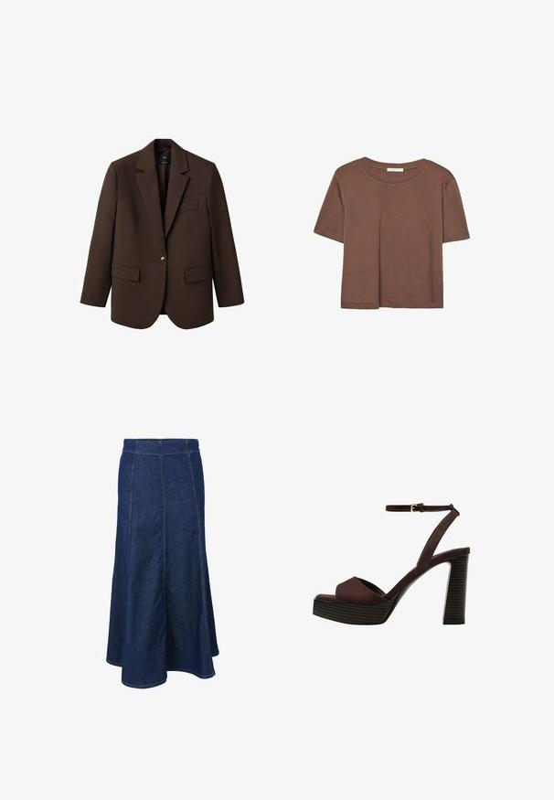 Blazer marron avec un revers, fermeture à un bouton, deux poches à l'avant et une poche poitrine. Fabriqué en tissu lisse, avec un design ajusté.; T-shirt marron à manches courtes en tissu doux, avec un col rond et une coupe décontractée. Aucun motif ni accent visible.; Jupe en denim avec une taille ajustée, une coupe évasée et des détails de couture visibles. Couleur bleu foncé avec une texture lisse et des fentes latérales.; Sandale à talons hauts en suede marron avec un bout ouvert, une bride de cheville réglable et une semelle de plateforme rayée.