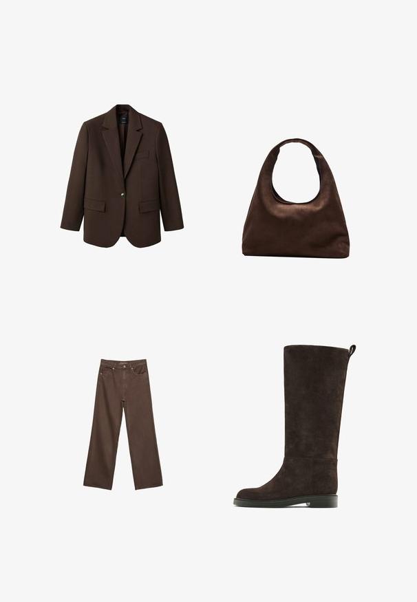 Hnědý blejzr s klopami, jednobotonovým zapínáním, dvěma předními kapsami a kapsou na prsou. Vyroben z hladké tkaniny s přesně střiženým designem.; Hnědé tričko s krátkým rukávem vyrobené z měkké látky, s kulatým výstřihem a volným střihem. Bez viditelných vzorů nebo dekorací.; Hnědé džíny s širokými nohavicemi vyrobené z denimu, s vysokým pasem, předními kapsami a klasickým zapínáním na knoflík. Hladká textura s jemným švem.; Hnědé semišové vysoké boty do půli lýtek s kulatou špičkou, plochou podešví a malým podpatkem. Obsahují zadní poutko pro snadné obouvání.; Měkká hnědá kabelka ve stylu hobo s jedním širokým popruhem a zakřiveným horním otvorem, vystavená na bílém pozadí.