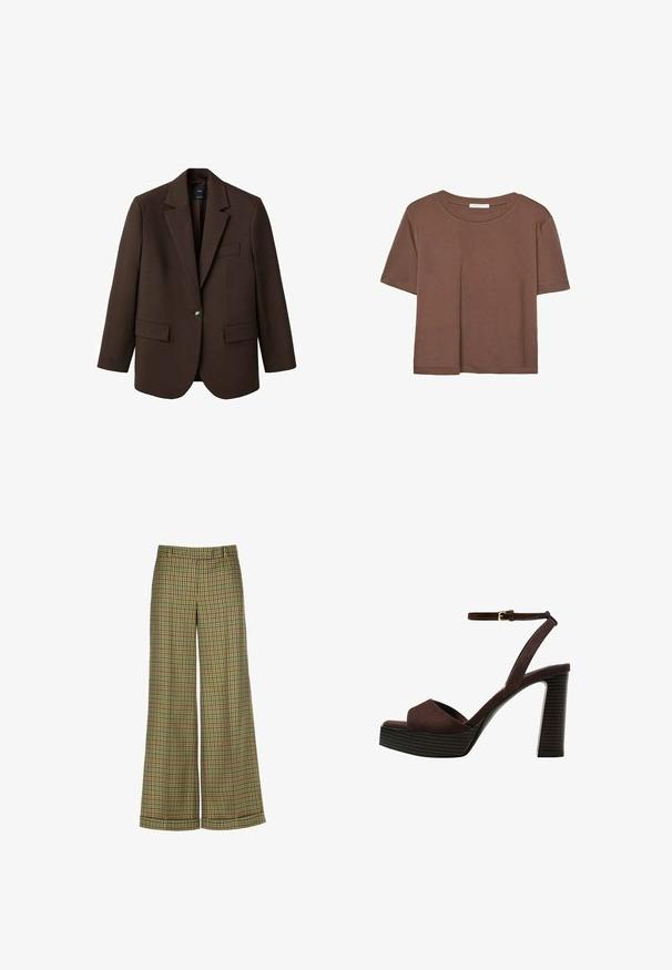 Smeđi sako s izrezanim reverom, s jednim kopčanjem, s dva prednja džepa i jednim džepom na prsima. Napravljen od glatkog materijala, s oblikovanim dizajnom.; Smeđi kratki rukav majica od mekog materijala, s okruglim izrezom i opuštenim krojem. Nema vidljivih uzoraka ili naglasaka.; Luisa Spagnoli OSPITALITA - Hlače - verde bosco; Smeđe zamšaste sandale s visokim potpeticama, otvorenim prstima, podesivom trakicom oko gležnja i prugastom platformom.