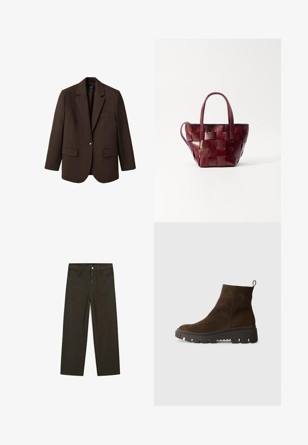 Brun blazer med klapkrave, enkelt knaplukning, to frontlommer og en brystlomme. Fremstillet i glat stof med en skræddersyet design.; Brun bomulds t-shirt, korte ærmer, rund halsudskæring, afslappet pasform, glat tekstur, minimalistisk design, ingen synlige mønstre eller accenter.; Mørkegrønne brede jeans lavet af en bomuldsblanding, med en frontlukning med knap, fem lommer og klassisk denim-syning.; Brun ruskindsankelstøvle med en kraftig sort gummisål, der har en let hæl og en slip-in hækling for nem påklædning.; Vevet bordeaux læder tote taske med to korte håndtag og en aftagelig skulderrem. Har en struktureret form og en glat overflade.