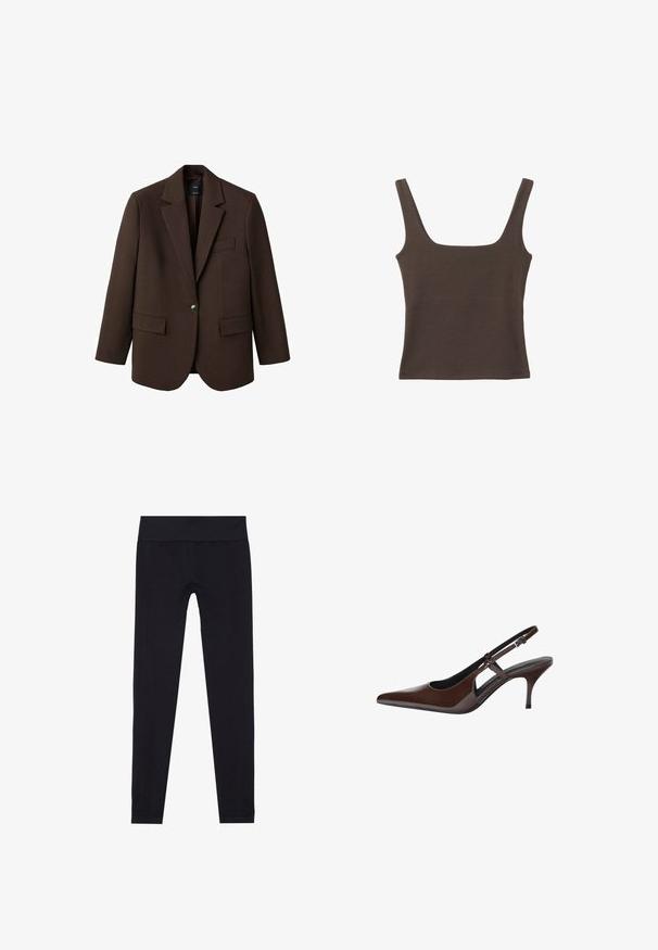 Smeđi sako s izrezanim reverom, s jednim kopčanjem, s dva prednja džepa i jednim džepom na prsima. Napravljen od glatkog materijala, s oblikovanim dizajnom.; Smešani smeđi top bez rukava sa kvadratnim izrezom, izrađen od mekanog, rastezljivog materijala. Ima kroj koji se uklapa i ravne šavne.; Crne tajice s širkim elastičnim pojasom, izrađene od rastezljivog materijala, s glatkom teksturom i prikladnim dizajnom. Bez uzoraka.; Smeđe lakirane kožne sandale s otvorenom petom, špicastim nosom i tankim potpeticama. Imaju podesiv remen s kopčanjem.