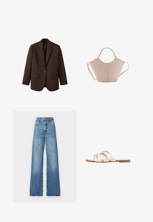 Hnědý blejzr s klopami, jednobotonovým zapínáním, dvěma předními kapsami a kapsou na prsou. Vyroben z hladké tkaniny s přesně střiženým designem.; Bílý krátký rukáv tričko vyrobené z bavlny. Má kulatý výstřih a volný střih. Hladký materiál bez viditelných vzorů nebo akcentů.; Široké džíny v světle modré barvě, s vysokým pasem, pěti kapsami a viditelnými švy. Tkanina vykazuje vybledlý vzhled.; Ploché sandály s hnědou gumovou podrážkou, navržené se třemi překrývajícími se bílými koženými řemínky a malým mašlí uprostřed.; Beige kožená kabelka s jedinečným tvarem, vybavená dvěma krátkými uchy a dlouhým nastavitelným popruhem. Hladká textura s minimem kovových doplňků.