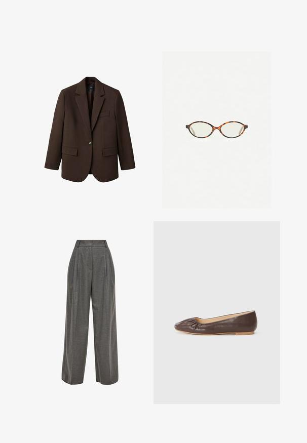 Bruine blazer met een opstaande revers, enkele knoopsluiting, twee zijzakken en een borstzak. Gemaakt van gladde stof, met een getailleerd ontwerp.; Witte korte mouwen t-shirt van katoen. Heeft een ronde halslijn en een ontspannen pasvorm. Glad textuur zonder zichtbare patronen of accenten.; s.Oliver BLACK LABEL MELIERTE MIT WIDE LEG - Broek - graphit; Bruine leren ballerina met een ronde neus, geplooide details aan de voorkant en een platte, lichte zool.; Kattenoogbril met ovale lenzen en een strakke, gladde afwerking. Heeft dunne zijkanten met een subtiele kromming bij de slapen. Transparante lenzen.