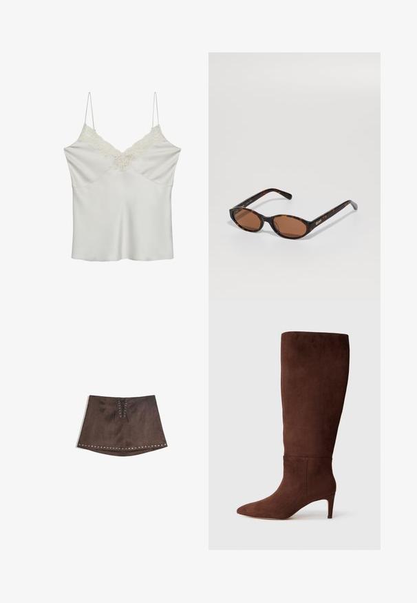 Brown blazer with a notched lapel, single button closure, two front pockets, and a chest pocket. Made from smooth fabric, featuring a tailored design.; White satin camisole with lace detailing along the V-neckline, featuring thin adjustable straps and a smooth texture.; Brown faux suede mini skirt with a front lace-up detail and silver studs along the hem. Smooth texture, A-line shape, and short length.; Brown suede knee-high boot with a pointed toe and a stiletto heel. Smooth texture and minimal design. No visible hardware or accents.; Tortoiseshell oval sunglasses with brown lenses, angled to show the "QUAY" logo on the right temple against a plain background.; Brown crocodile-textured tote bag with two sturdy straps, rectangular shape, and smooth glossy finish; features a central seam detail.