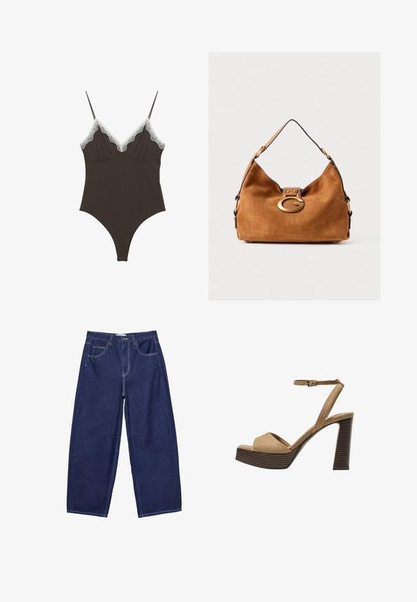 Hnedý blejzer s klopou, jedným gombíkom, dvomi prednými vreckami a vreckom na hrudi. Vyrobený z hladkej látky s prešívaným dizajnom.; Hnedý body s nastaviteľnými ramienkami a čipkovým lemom na hlbokom výstrihu do V. Hladká textúra, priliehavý strih a vysoko vystrihnuté nohavice.; Tmavomodré denimové nohavice s širokými nohavicami a vysokým pásom, piatimi vreckami a kontrastným bielym prešívaním. Hladký povrch, klasický dizajn.; Bežové semišové sandále na vysokom opätku s širokým predným pásom a pásikom okolo členka, ktoré majú masívny drevený blokový opätok s textúrovaným povrchom.; Hnedá semišová kabelka s zaobleným tvarom, zlatou kovovou sponou a kontrastným čiernym lemovaním. Obsahuje jeden ramenný popruh na nosenie.