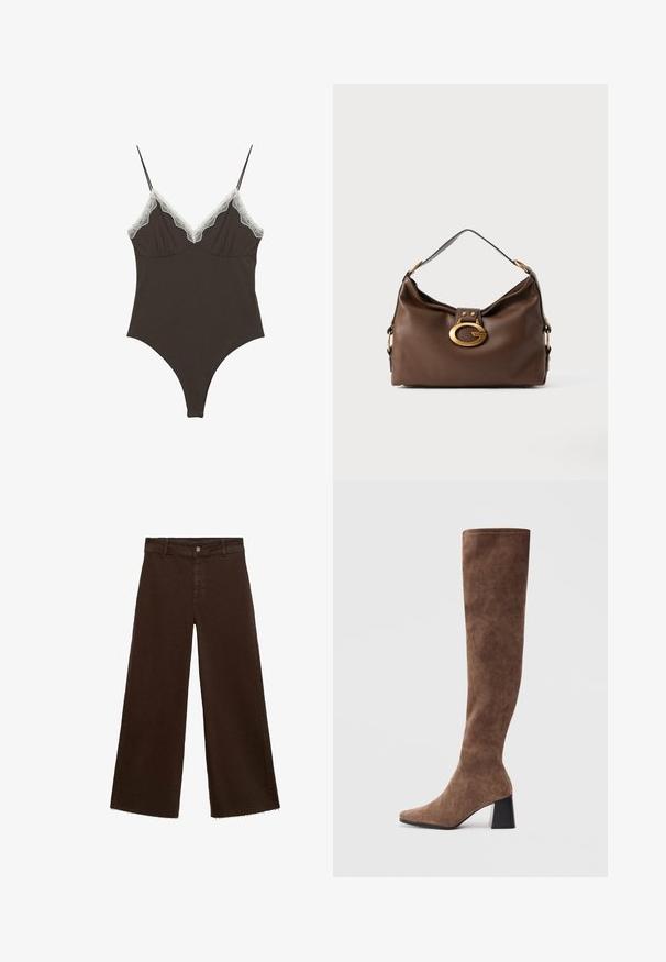 Rjav blazer s spodnjim ovratnikom, enojnim gumbom, dvema sprednjima žepoma in žepom na prsih. Narejen iz gladkega materiala in ima krojen dizajn.; Rjav bodysuit z nastavljivimi tankimi naramnicami in čipkastim robom na globokem V-izrezu. Gladka tekstura, prilegajoča zasnova in visoko izrezane noge.; Rjave široke hlače iz mešanice bombaža, z raztrganim robom, sprednjim gumbom in klasičnim dizajnom s petimi žepi. Minimalistične in vsestranske.; Rjave čizme do kolen, izdelane iz mehkega semiša, z ostrim nosom in masivnim črnim peto. Oblikovanje vključuje brezšivno šivanje za eleganten videz.; Rjavo usnjeno ročna torbica z teksturirano površino, ki ima zlato toniran zaklep in en sam, ukrivljen naramnico.