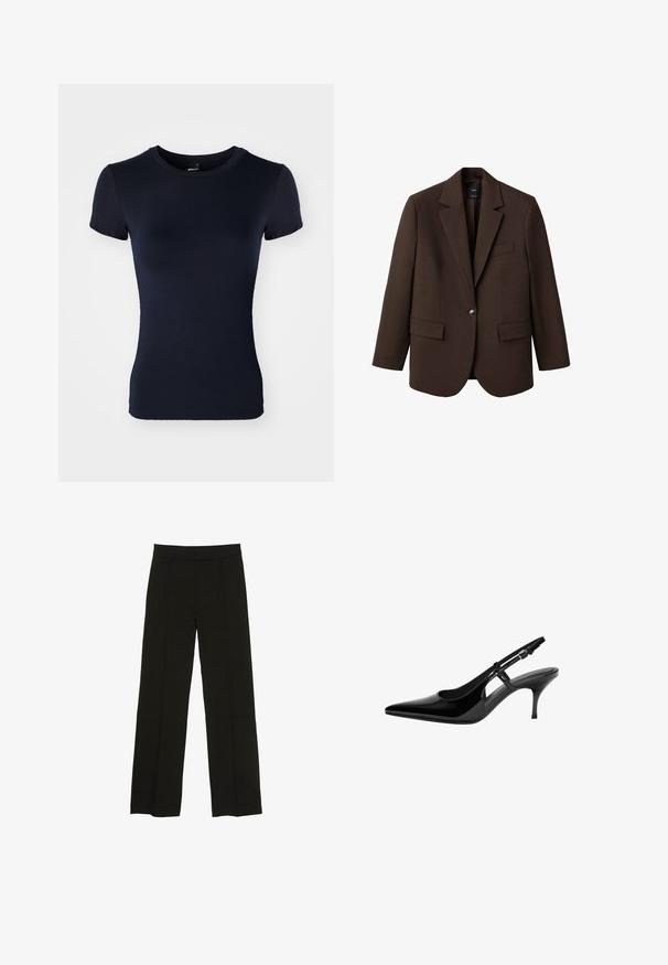 Brun blazer med klapkrave, enkelt knaplukning, to frontlommer og en brystlomme. Fremstillet i glat stof med en skræddersyet design.; Marineblå kortærmet t-shirt lavet af glat, strækbart stof. Har en rund halsudskæring og en tætsiddende silhuet. Ingen mønstre eller accenter.; Sorte brede bukser lavet af et glat stof, med en tætsiddende talje og subtile frontfolder for ekstra tekstur.; Sorte patentlæder slingback-pumper med spids tå, åbne sideudskæringer, slank hæl og justerbar ankelrem.