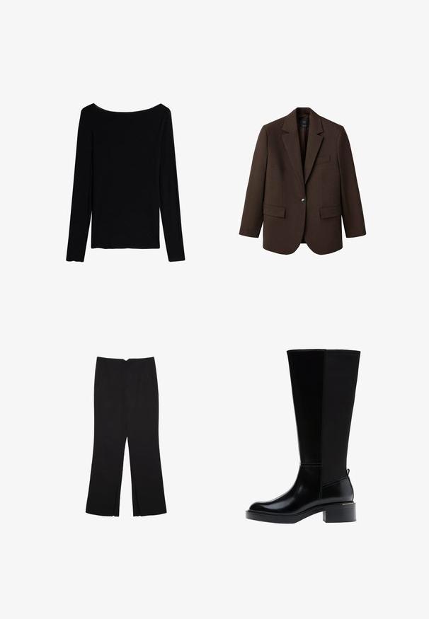 Hnědý blejzr s klopami, jednobotonovým zapínáním, dvěma předními kapsami a kapsou na prsou. Vyroben z hladké tkaniny s přesně střiženým designem.; Intimissimi CHRISTMAS - Top s dlouhým rukávem - black; Černé kalhoty s rovným střihem, s předními kapsami a bočními rozparky na lemu. Vyrobené z jemné, hladké tkaniny. Vhodné na různé příležitosti.; Černá kozačka ke kolenu z hladké kůže, s výrazným prošíváním, robustním podpatkem a texturovaným zadním panelem pro větší zajímavost.