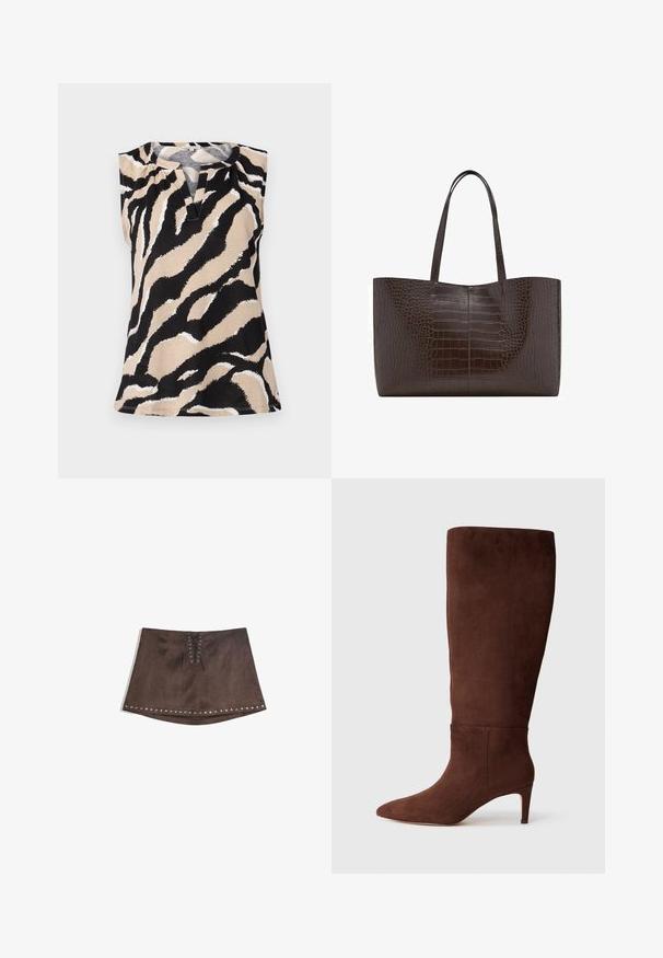 Brown blazer with a notched lapel, single button closure, two front pockets, and a chest pocket. Made from smooth fabric, featuring a tailored design.; Sleeveless top in a beige fabric featuring a bold black and white zebra stripe pattern. Notable V-neck and textured finish.; Brown faux suede mini skirt with a front lace-up detail and silver studs along the hem. Smooth texture, A-line shape, and short length.; Brown suede knee-high boot with a pointed toe and a stiletto heel. Smooth texture and minimal design. No visible hardware or accents.; Brown crocodile-textured tote bag with two sturdy straps, rectangular shape, and smooth glossy finish; features a central seam detail.